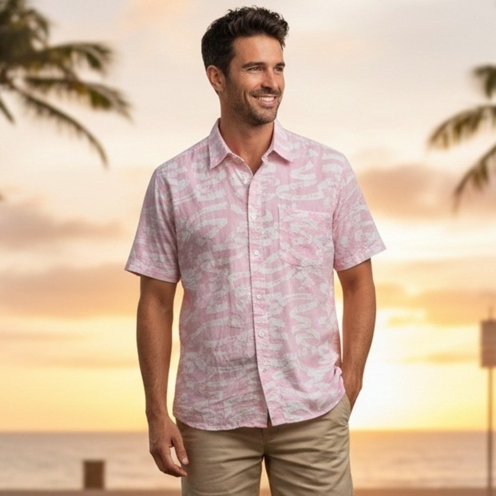 Retroline Button Up Shirt Mens Size M 15 1/2 Pink Short Sleeve Geometric Outdoor